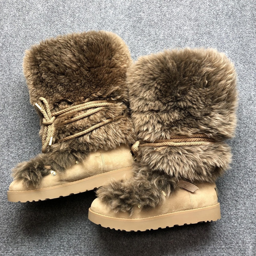 Y2K UGG Classic Posh Short Fur Pull-on Boots Beachwood Long Sheepskin Size 9 - Picture 2 of 13